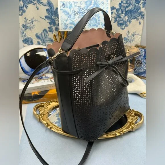 🆕 FURLA 🧿 NWOT Constanza Laser Cut Drawstring Bucket Bag, Black Leather - Picture 7 of 14
